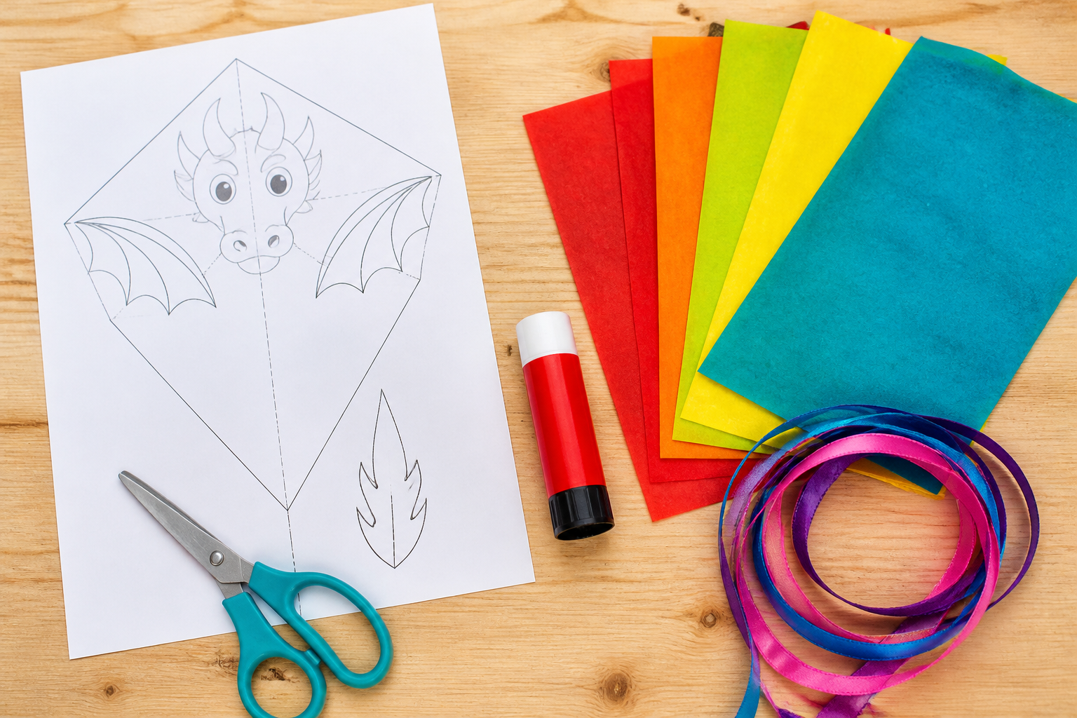 drache basteln vorlage: Geordnete Bastelmaterialien mit Schere, Transparentpapier und einer Drachen-Schablone auf dem Tisch