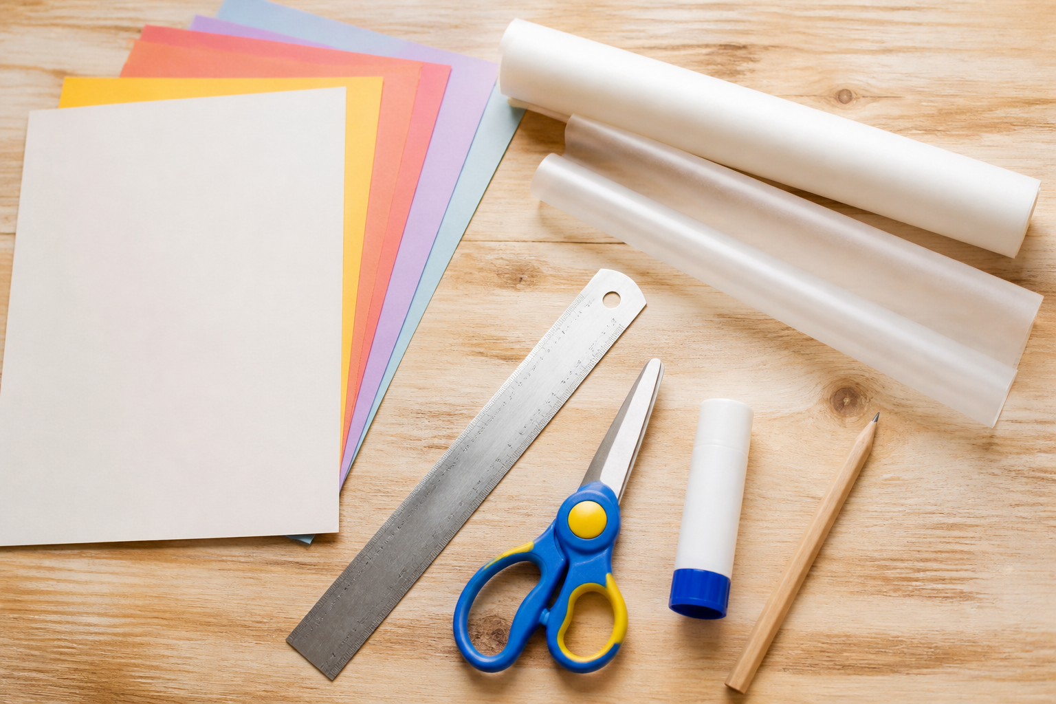 tischlaterne basteln: Schere, Klebestift und Buntpapier als Zubehör für die Tischlaterne