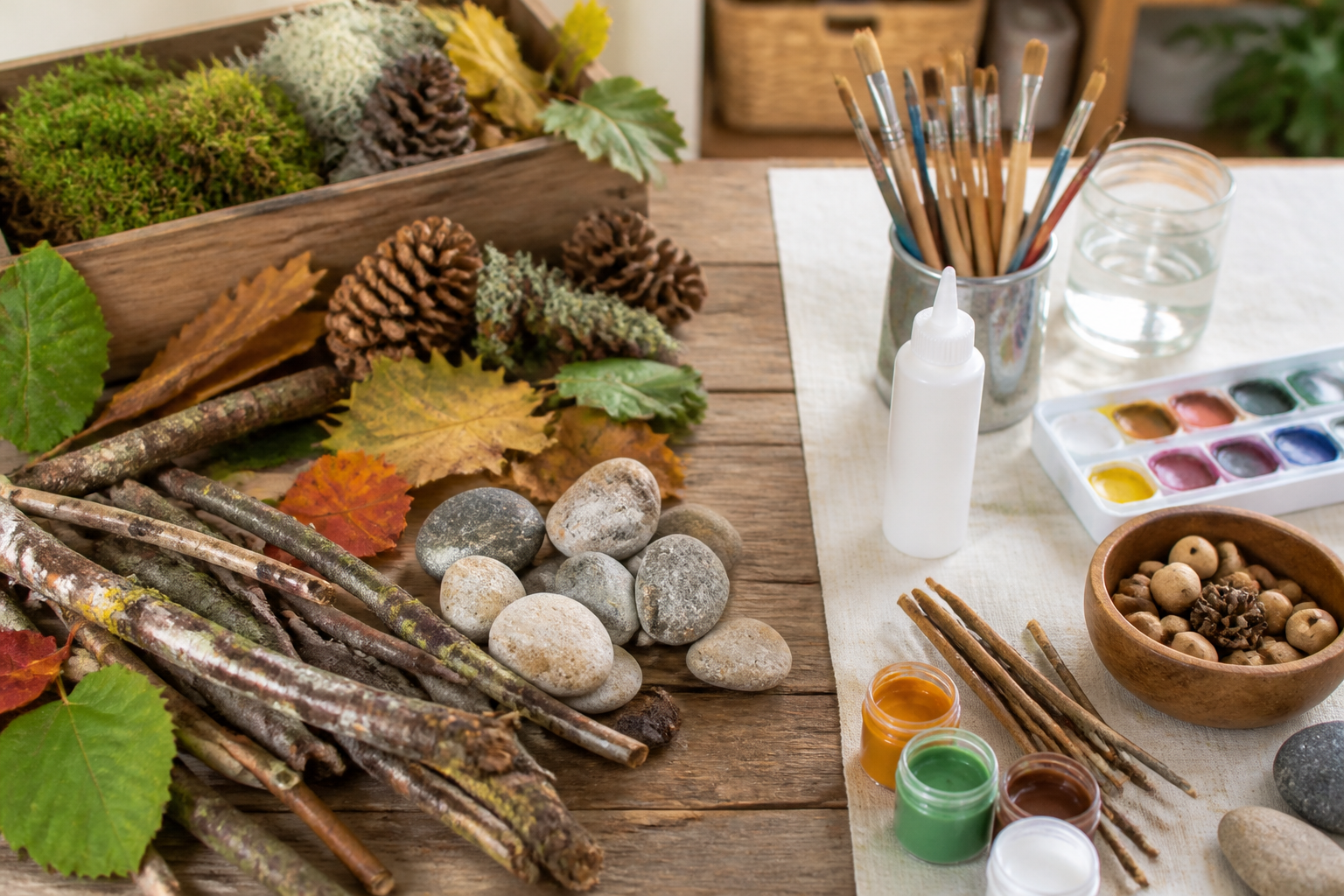 Naturmaterialien aus dem Wald ordentlich aufgeteilt neben Bastelutensilien auf einem Tisch.