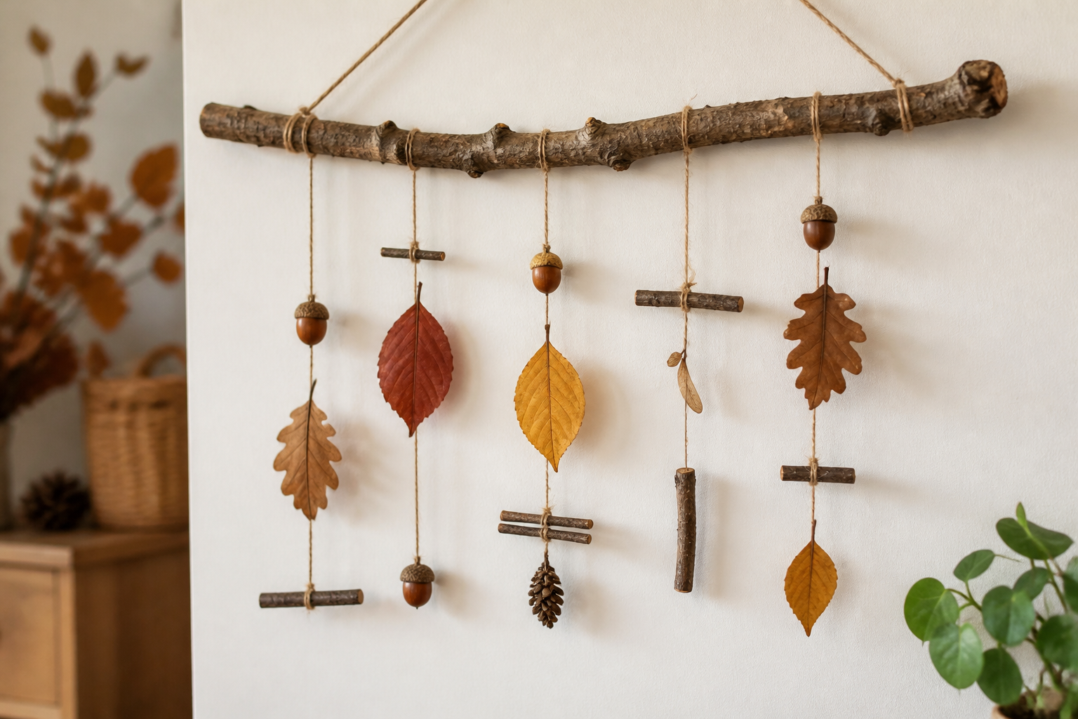 Selbstgemachte Wanddeko aus gesammelten Ästen und Naturmaterialien im Kinderzimmer.