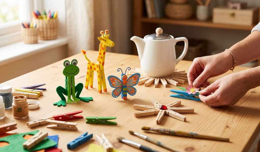 Kreatives Basteln mit Wäscheklammern: Bunte Figuren und Sterne aus Holz auf einem Basteltisch