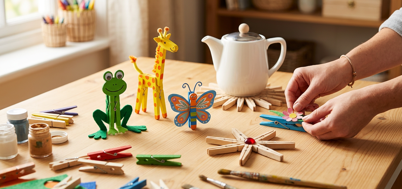 Kreatives Basteln mit Wäscheklammern: Bunte Figuren und Sterne aus Holz auf einem Basteltisch