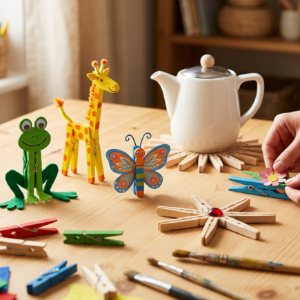 Kreatives Basteln mit Wäscheklammern: Bunte Figuren und Sterne aus Holz auf einem Basteltisch