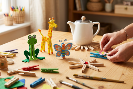 Kreatives Basteln mit Wäscheklammern: Bunte Figuren und Sterne aus Holz auf einem Basteltisch