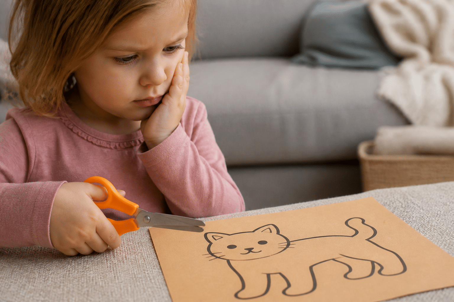 Montessori-Basteln: Kinderhände mit Schere vor einer starren Papiervorlage beim Basteln
