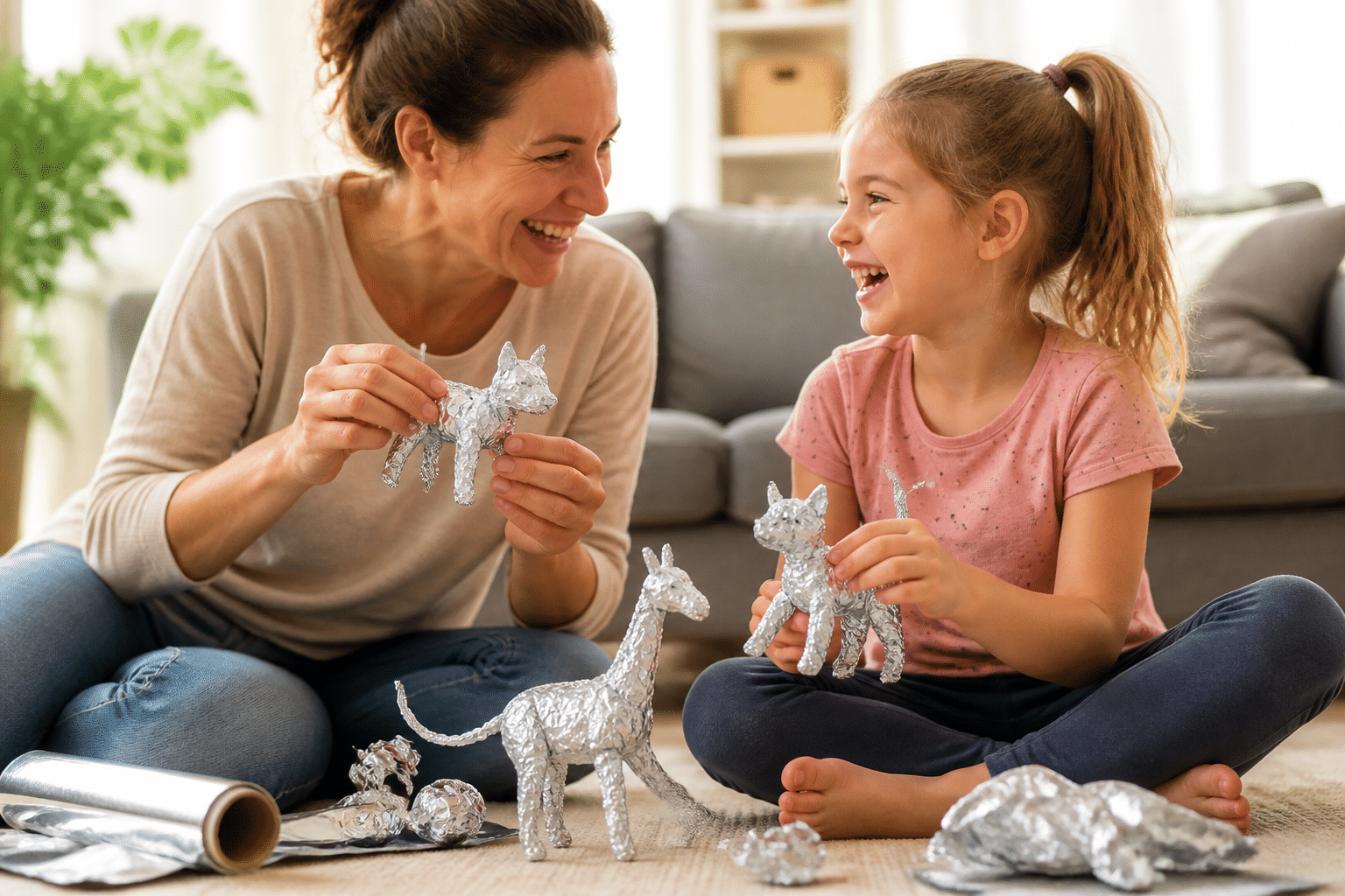 Express-Bastelideen für Kinder: Mutter und Kind beim schnellen Basteln ohne Vorbereitung im Wohnzimmer