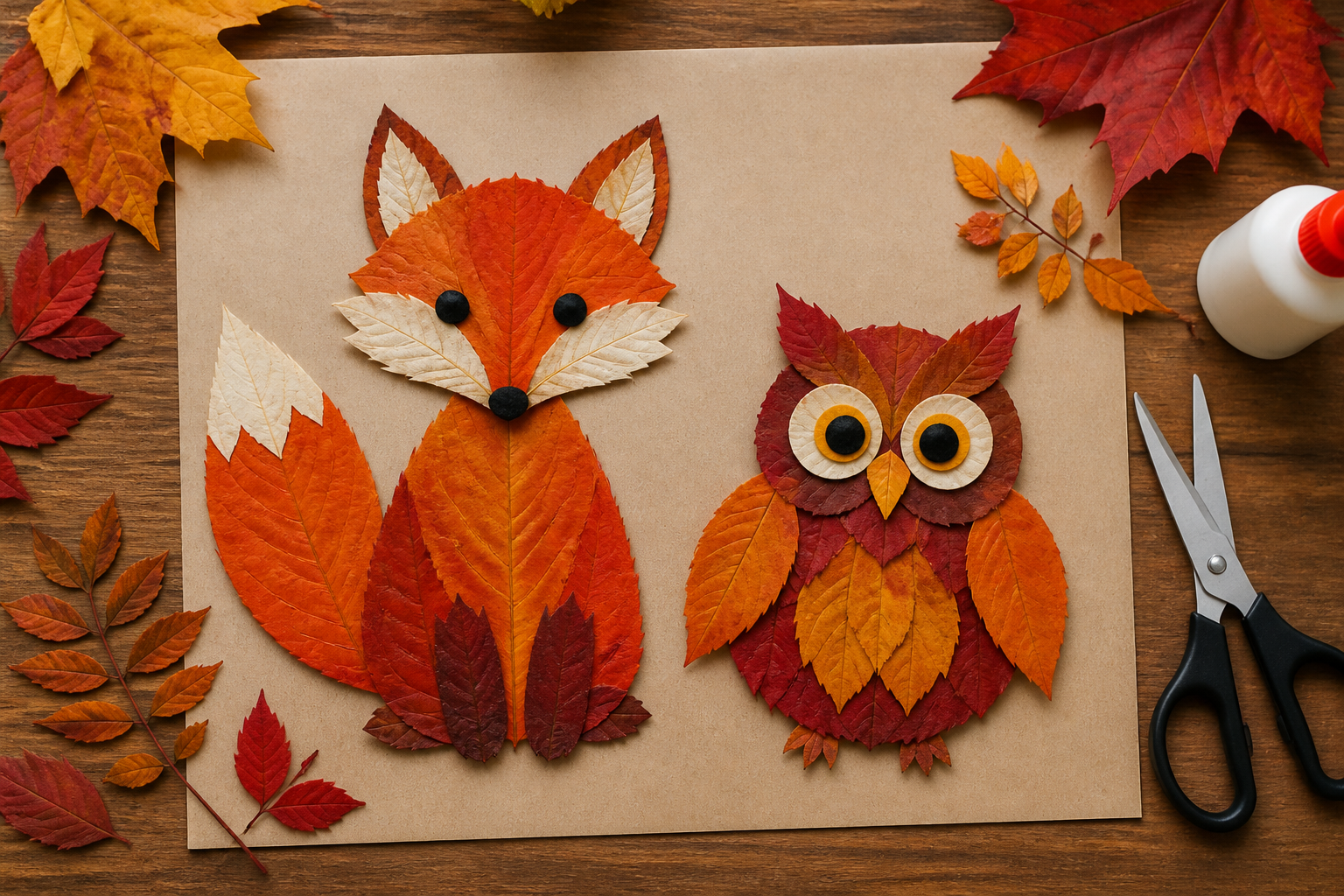 Aus getrockneten Herbstblättern gelegter Fuchs und Eule als kreatives Tierbild für Kinder.