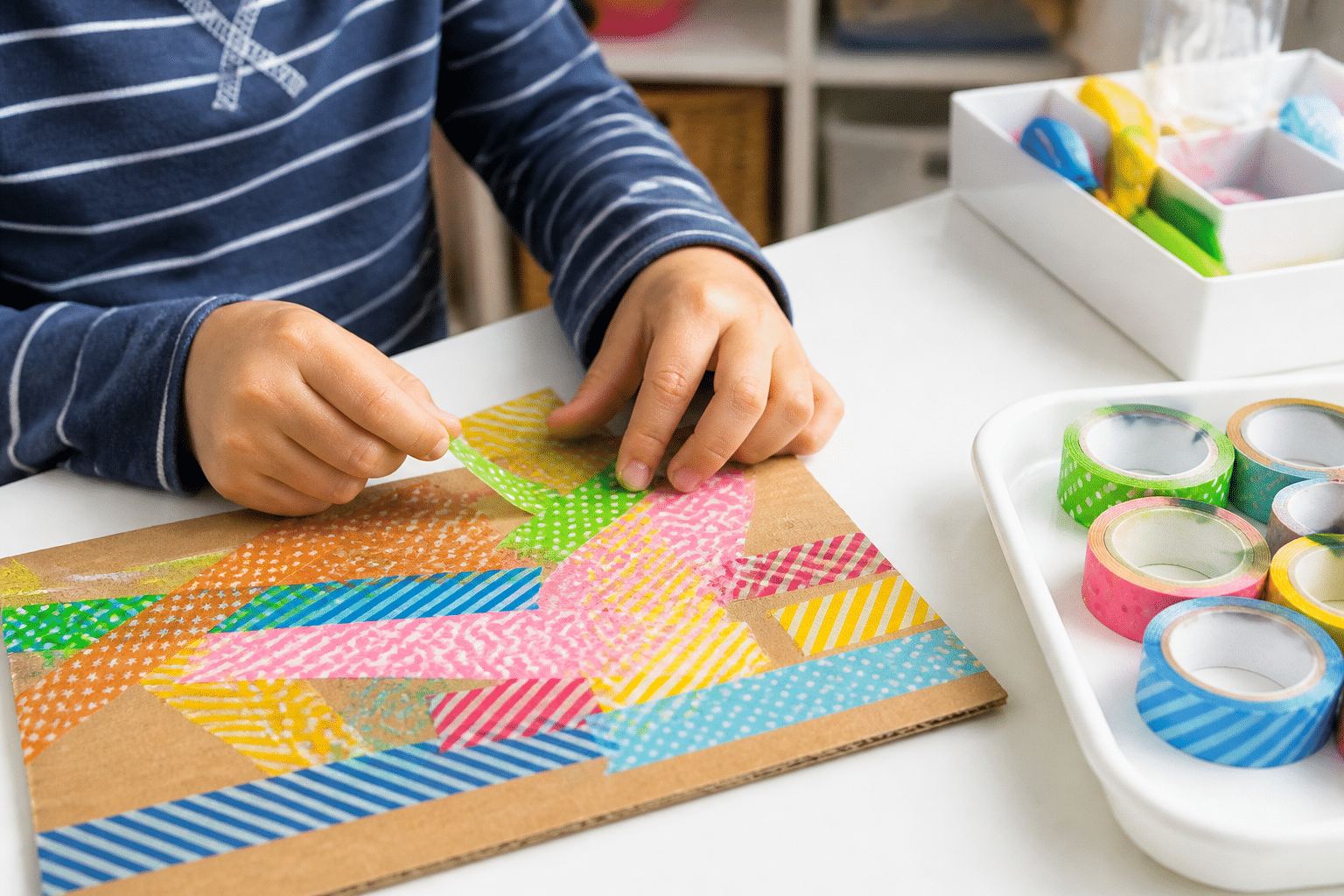 Kind klebt buntes Klebeband auf Karton für saubere Express-Bastelideen für Kinder