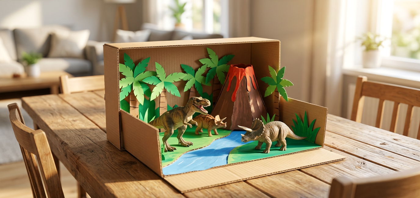 dino landschaft: Fertig gebastelte bunte Dino-Landschaft aus Karton mit Spielzeug-Sauriern und Vulkan