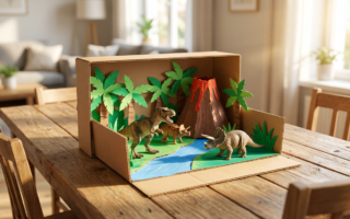 dino landschaft: Fertig gebastelte bunte Dino-Landschaft aus Karton mit Spielzeug-Sauriern und Vulkan