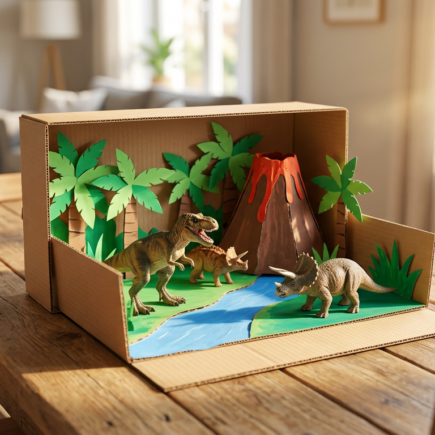 dino landschaft: Fertig gebastelte bunte Dino-Landschaft aus Karton mit Spielzeug-Sauriern und Vulkan