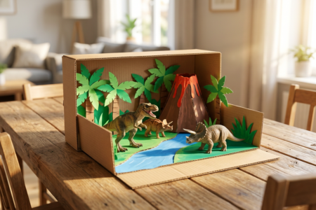 dino landschaft: Fertig gebastelte bunte Dino-Landschaft aus Karton mit Spielzeug-Sauriern und Vulkan