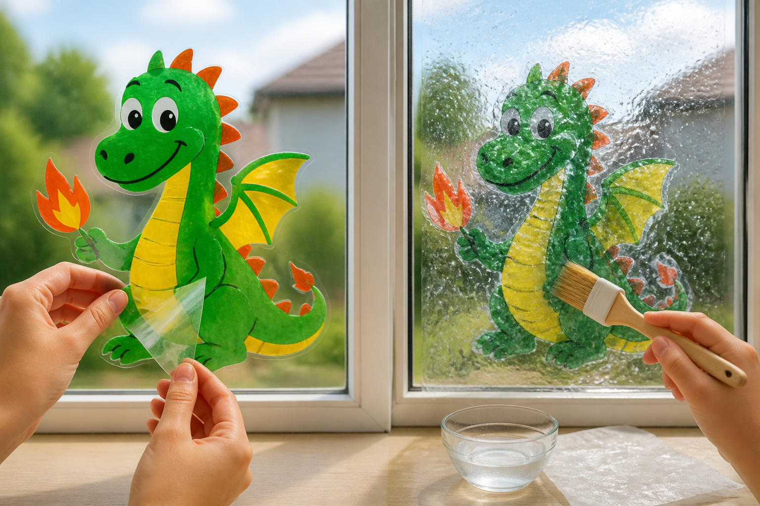 drache basteln vorlage: Vergleich zwischen sauberer selbstklebender Folie und gewelltem Papier beim Basteln mit Vorlage