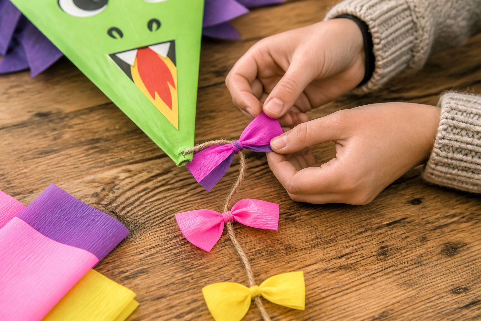 Bunte Schleifen aus Krepppapier werden an die Schnur des Basteldrachens geknotet