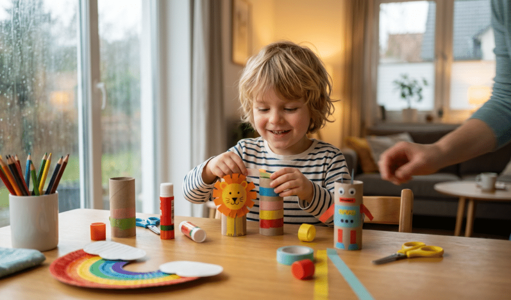 Express-Bastelideen für Kinder am gemütlichen Esstisch bei Regenwetter