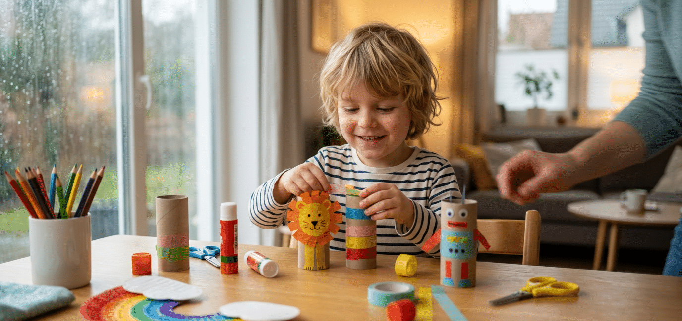 Express-Bastelideen für Kinder am gemütlichen Esstisch bei Regenwetter