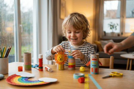 Express-Bastelideen für Kinder am gemütlichen Esstisch bei Regenwetter