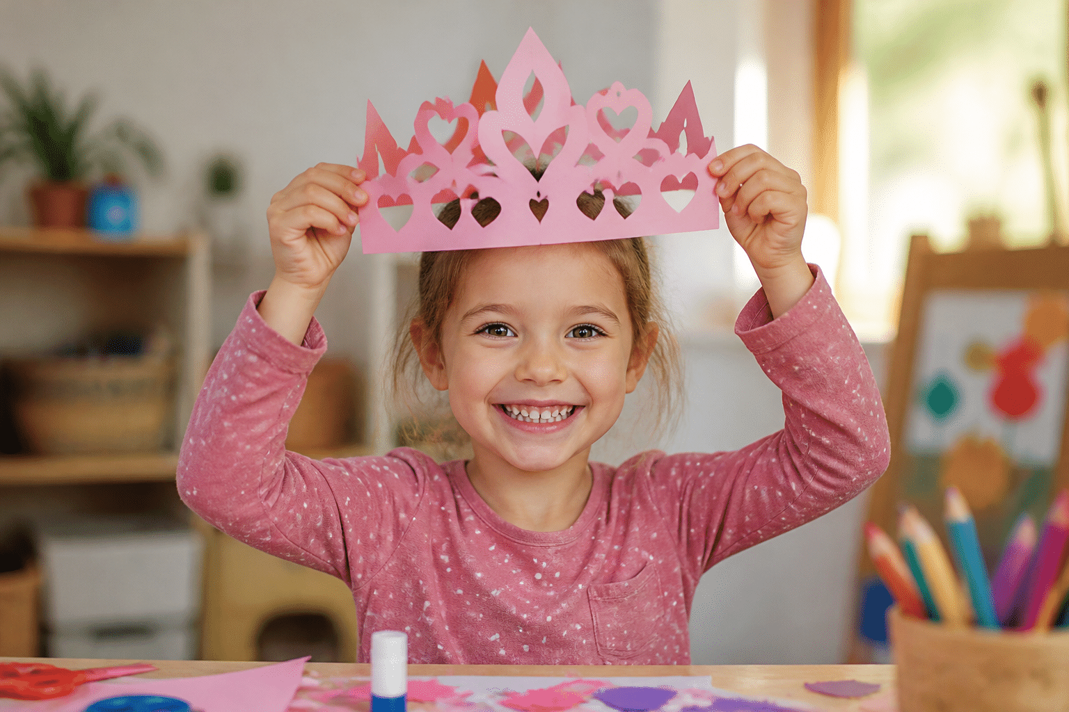 Feinmotorik fördern durch Basteln: Stolzes Vorschulkind mit selbst ausgeschnittener Papierkrone.