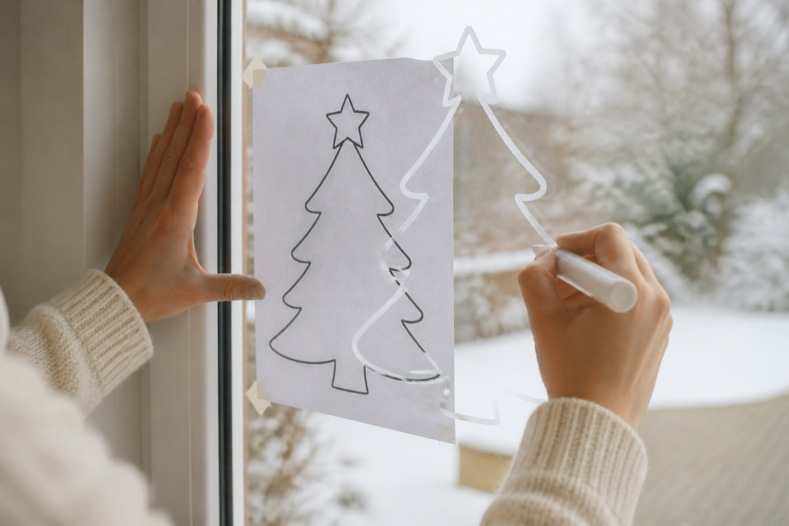 Eine Person zeichnet fertige Fensterbilder zu Weihnachten mit Kreidestift an der Scheibe nach