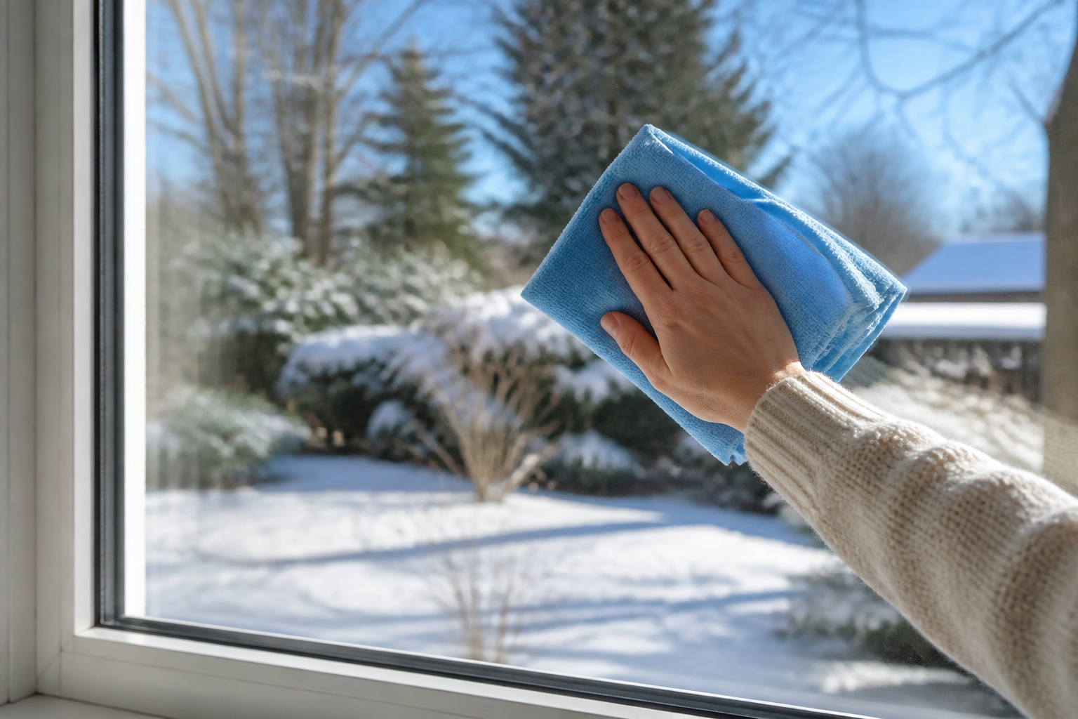 Vorbereitung der Glasscheibe mit Mikrofasertuch vor dem Aufbringen der Weihnachtsmotive