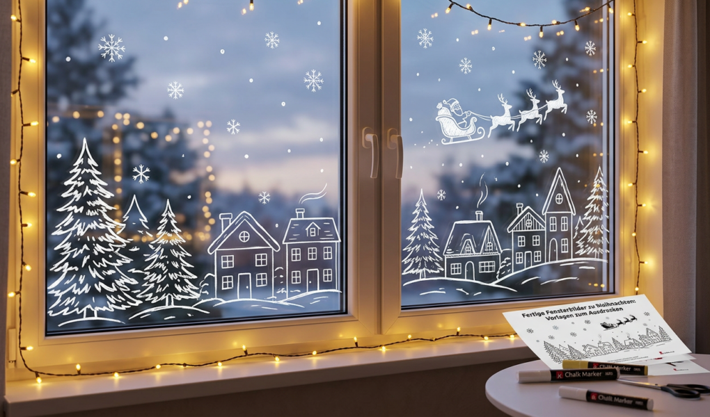 Fertige Fensterbilder Weihnachten Vorlagen zum Ausdrucken liebevoll am Fensterglas umgesetzt