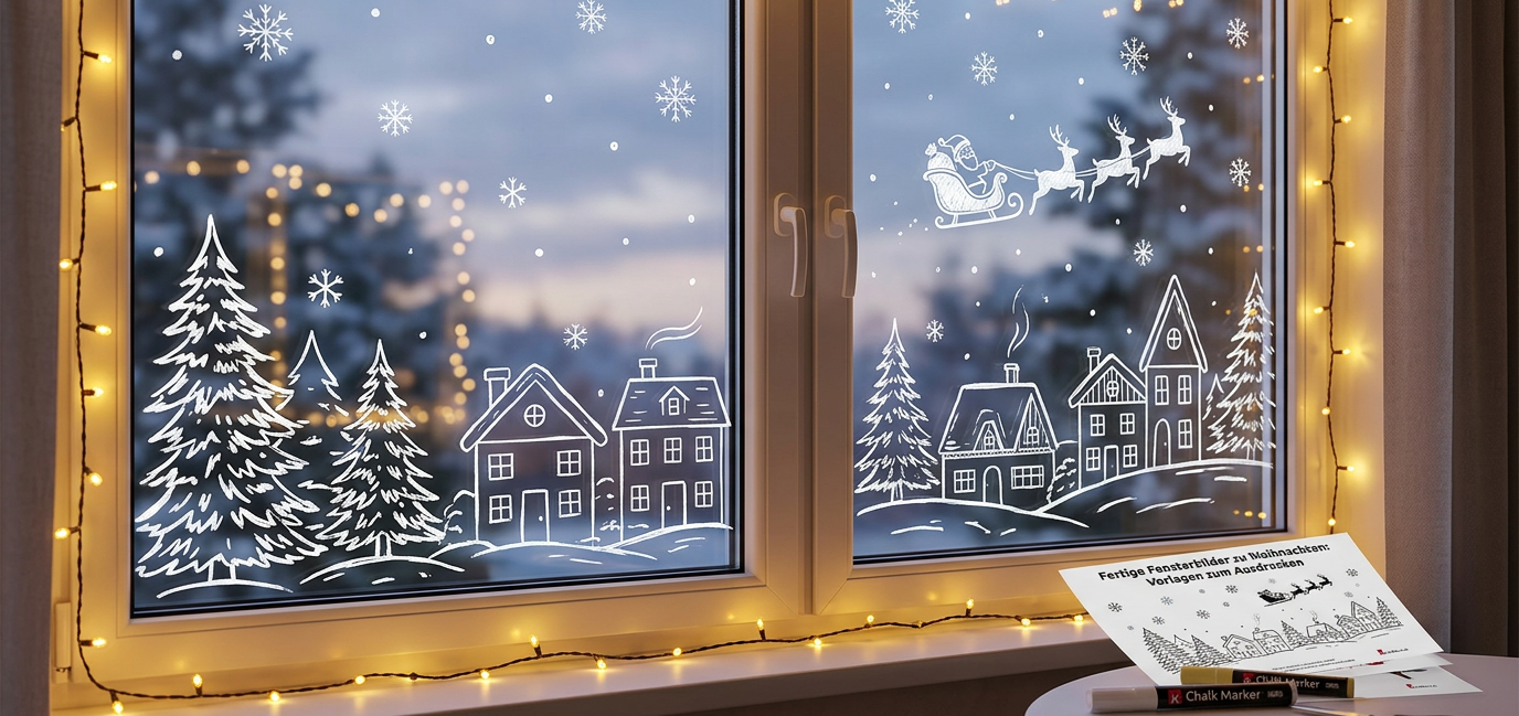 Fertige Fensterbilder Weihnachten Vorlagen zum Ausdrucken liebevoll am Fensterglas umgesetzt