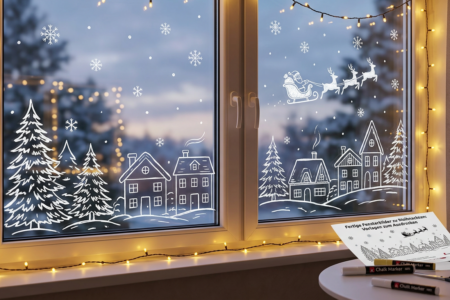 Fertige Fensterbilder Weihnachten Vorlagen zum Ausdrucken liebevoll am Fensterglas umgesetzt