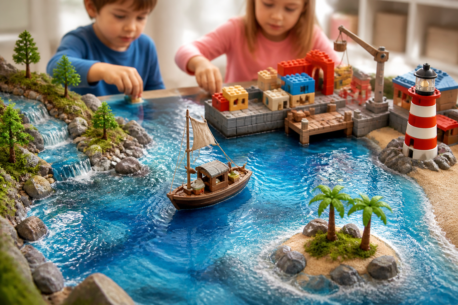 wasser basteln: Fertig gestaltetes Wasser beim Spielen mit kleinen Booten und Figuren