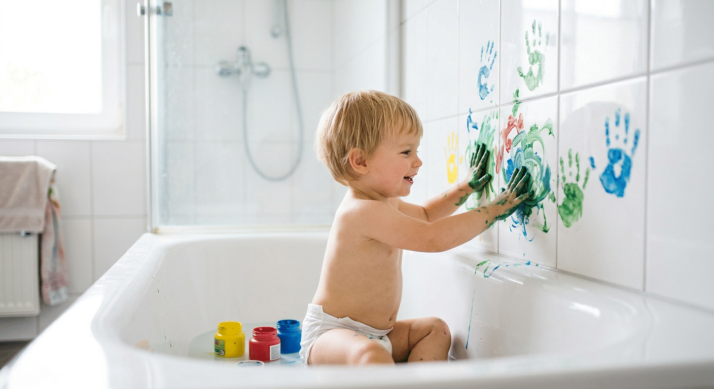 Fingerfarben Tipps für Eltern: Kleinkind malt mit bunten Händen auf Fliesen in der Badewanne