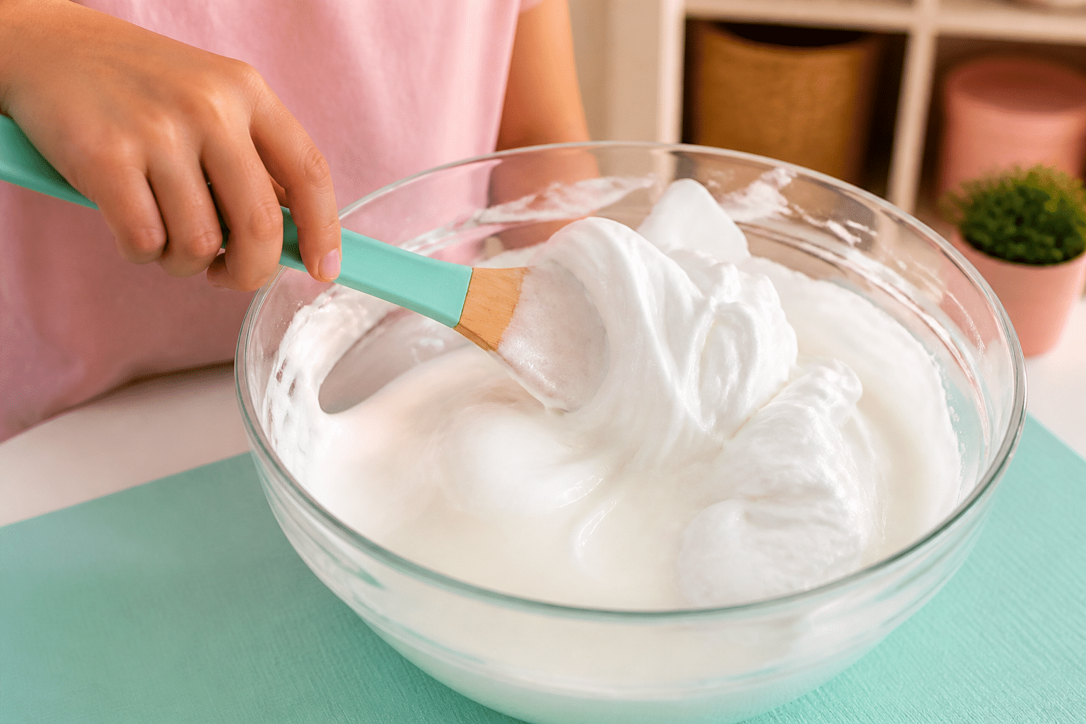 Zubereitung von weichem Fluffy Slime mit Rasierschaum in einer Rührschüssel