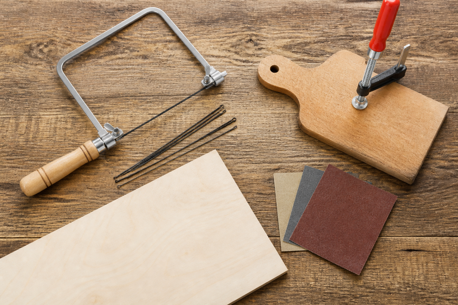 Werkzeuge und Sperrholz für das Projekt Tier aus Holz basteln