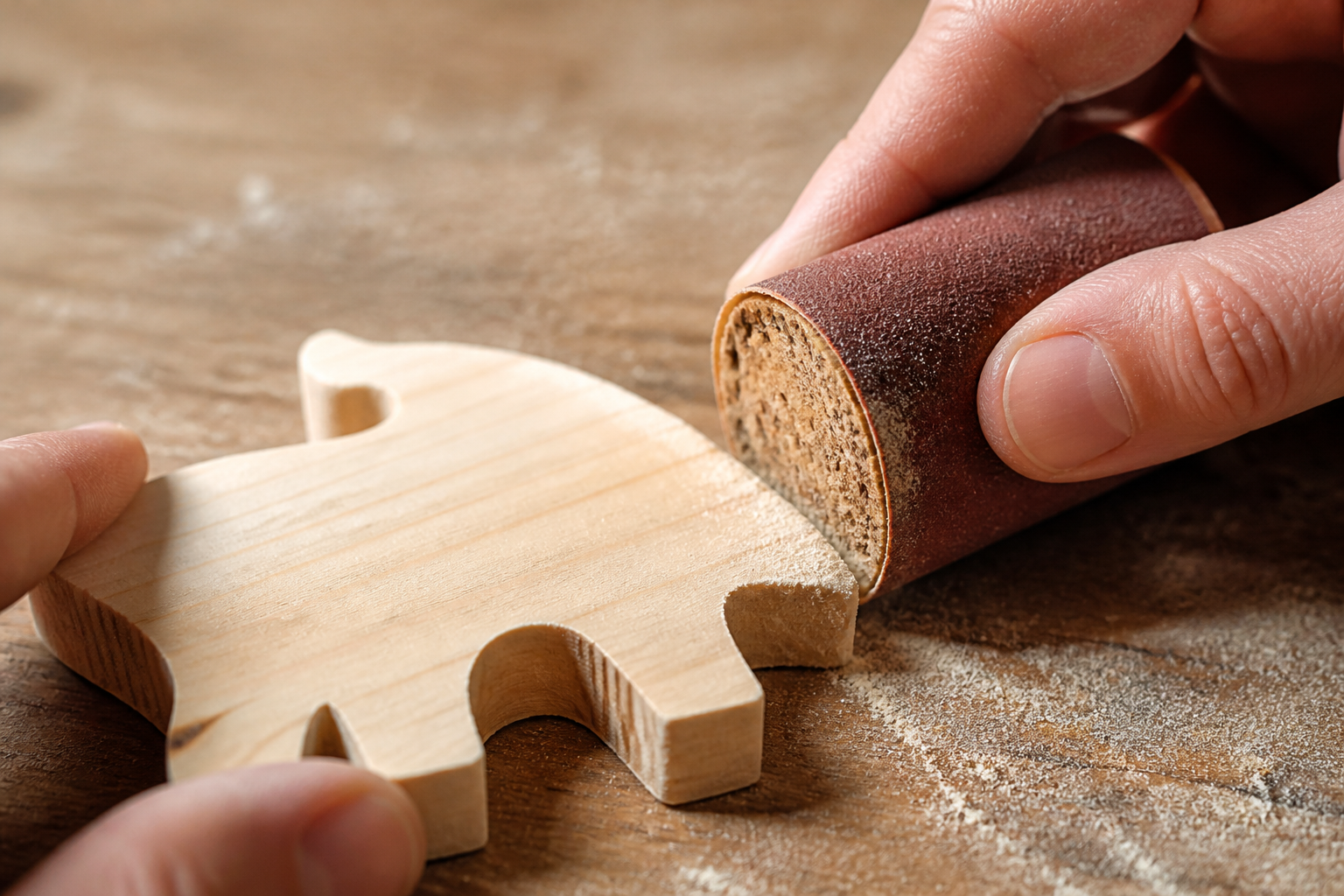Glätten der Kanten einer Holzfigur mit Schleifpapier für weiche Übergänge