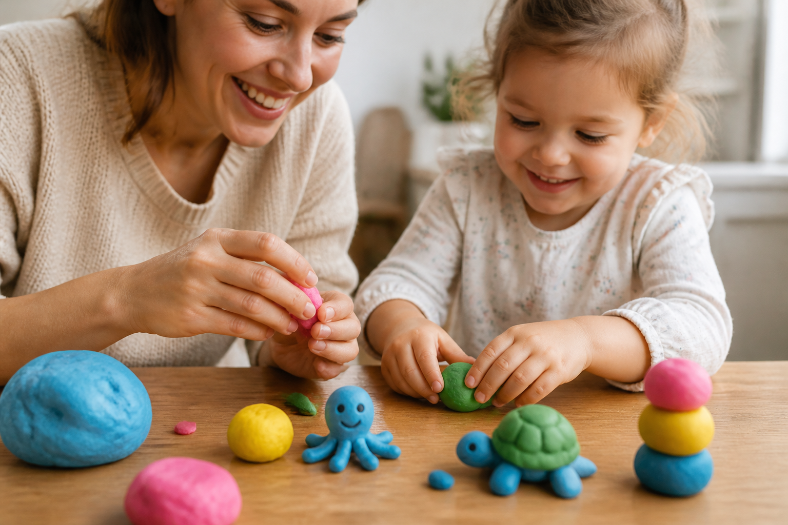 knetmasse selber machen: Kinderhände formen spielerisch Figuren aus weicher, ungiftiger DIY-Knete.