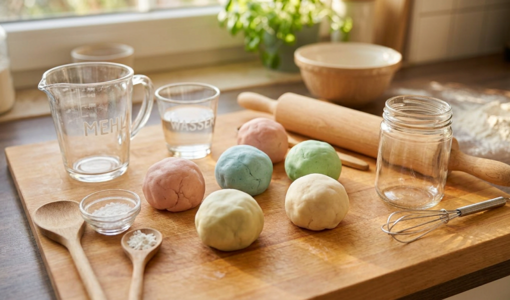 Knetmasse selber machen: Bunte Kugeln selbstgemachter Knete auf einem Holztisch mit Küchenutensilien.