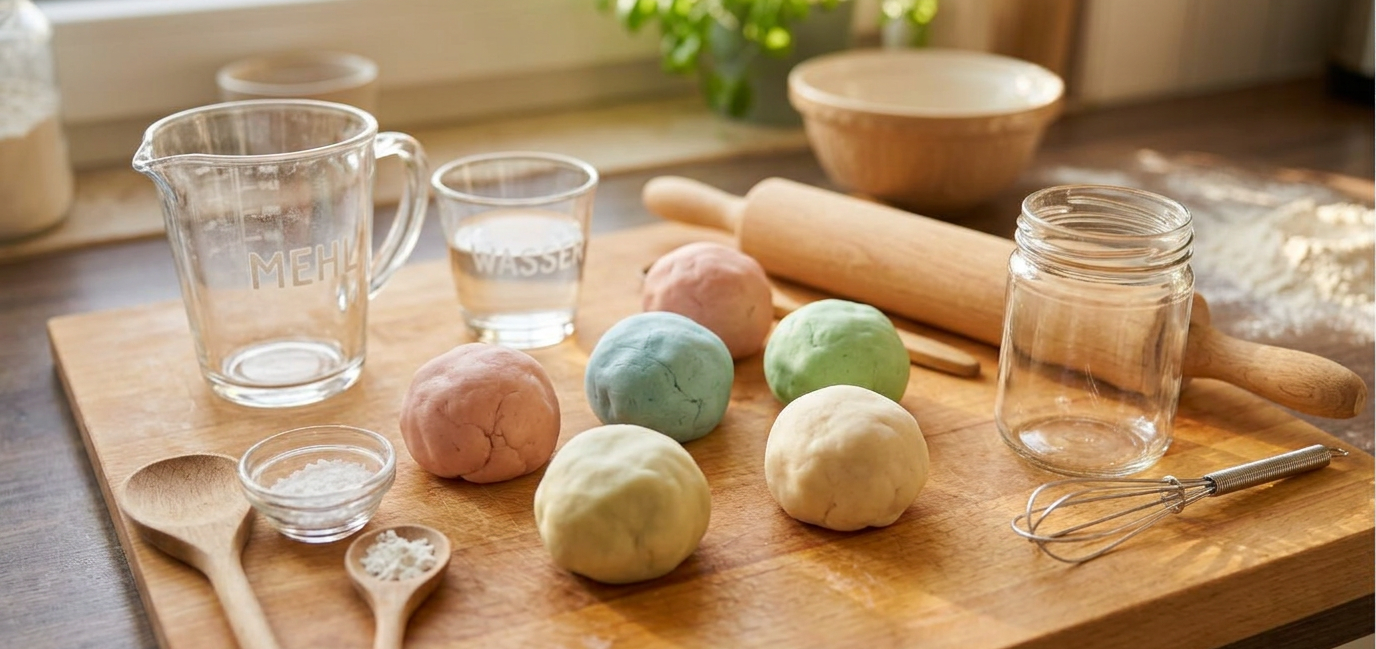 Knetmasse selber machen: Bunte Kugeln selbstgemachter Knete auf einem Holztisch mit Küchenutensilien.
