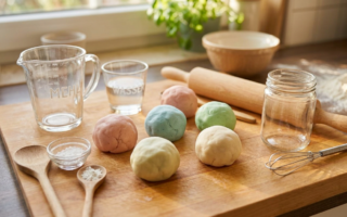 Knetmasse selber machen: Bunte Kugeln selbstgemachter Knete auf einem Holztisch mit Küchenutensilien.