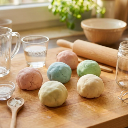 Knetmasse selber machen: Bunte Kugeln selbstgemachter Knete auf einem Holztisch mit Küchenutensilien.