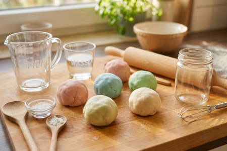 Knetmasse selber machen: Bunte Kugeln selbstgemachter Knete auf einem Holztisch mit Küchenutensilien.