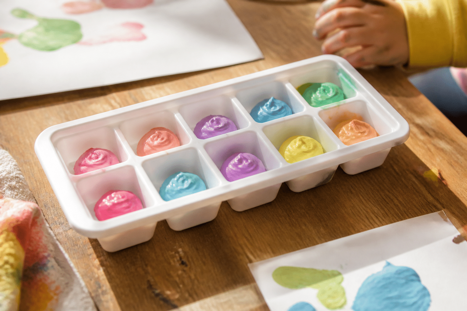 Silikon-Eiswürfelform als Farbpalette für kontrollierte Farbausgabe beim Kleinkindmalen