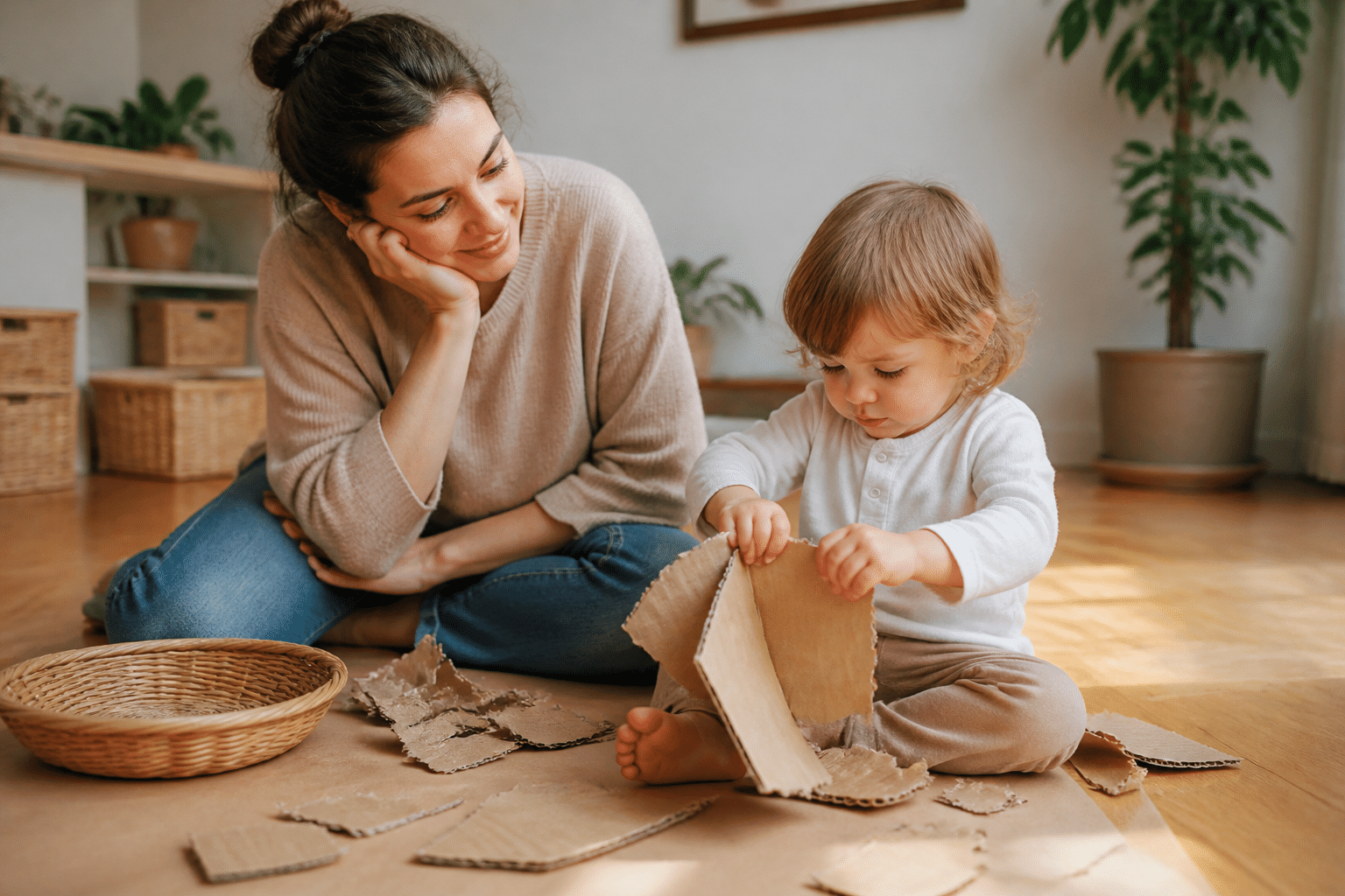 Montessori-Basteln: Mutter beobachtet aufmerksam ihr Kind bei der selbstständigen Kreativitätsförderung