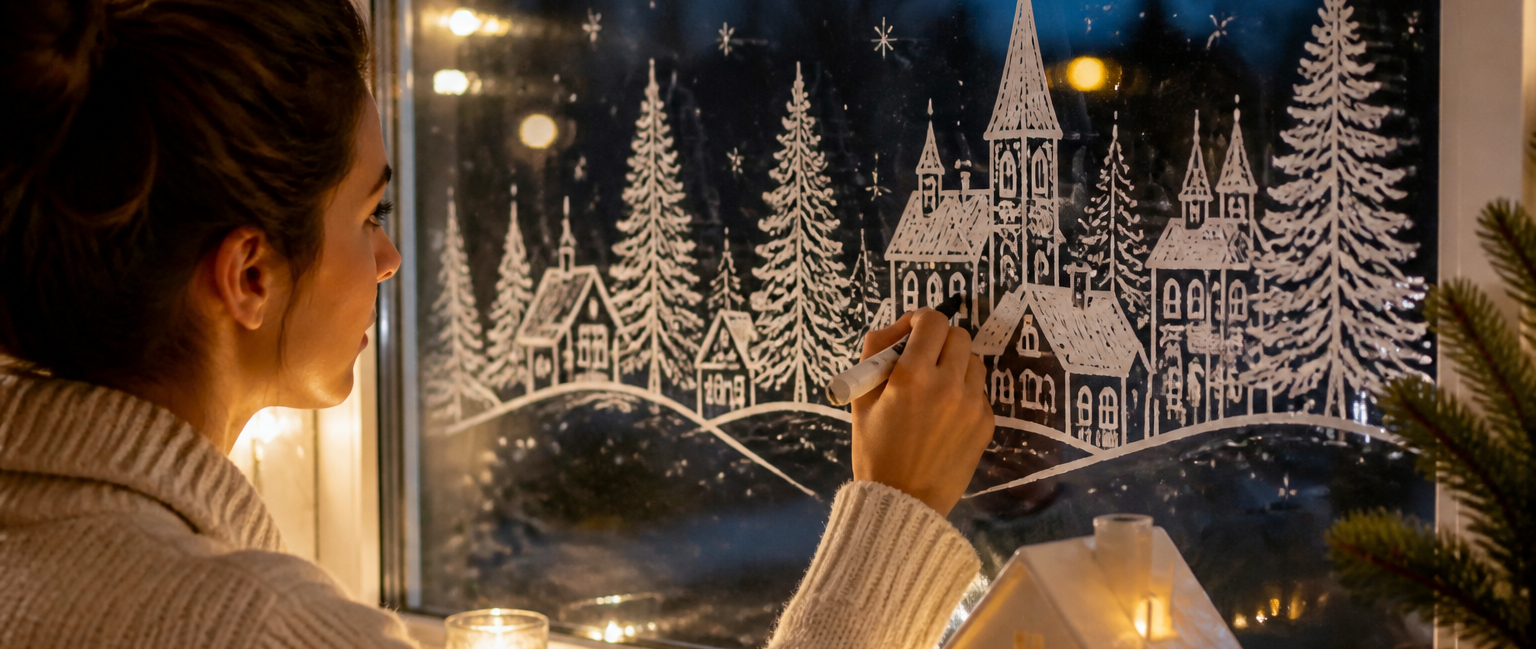 Mit Kreidemarker Fenster Vorlagen gezeichnetes Weihnachtsdorf auf einer beleuchteten Glasscheibe