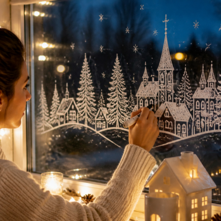 Mit Kreidemarker Fenster Vorlagen gezeichnetes Weihnachtsdorf auf einer beleuchteten Glasscheibe