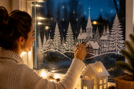 Mit Kreidemarker Fenster Vorlagen gezeichnetes Weihnachtsdorf auf einer beleuchteten Glasscheibe