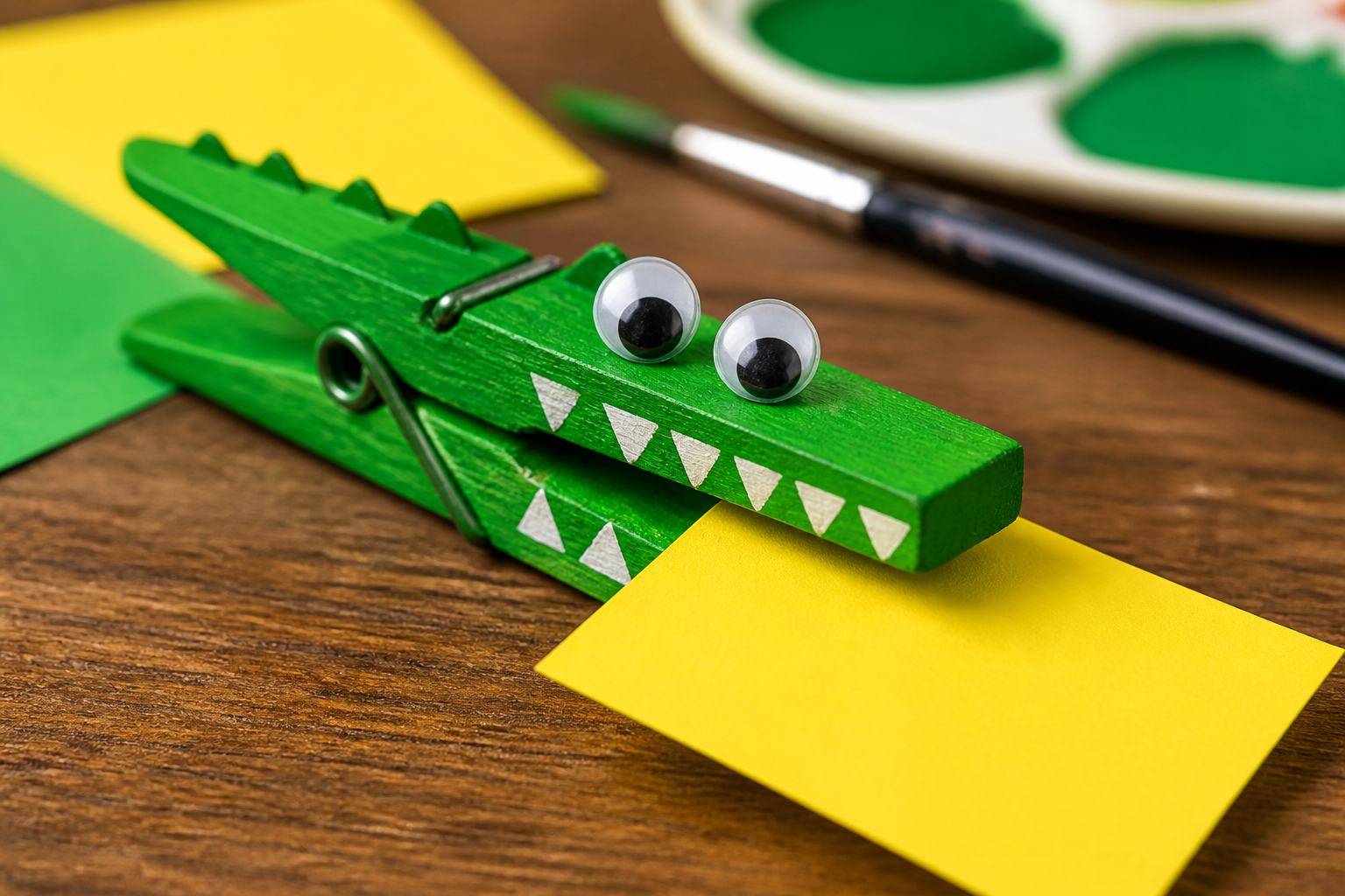 basteln mit wäscheklammern: Fertig gebasteltes Krokodil aus einer grünen Wäscheklammer mit Wackelaugen und Papierschnipsel