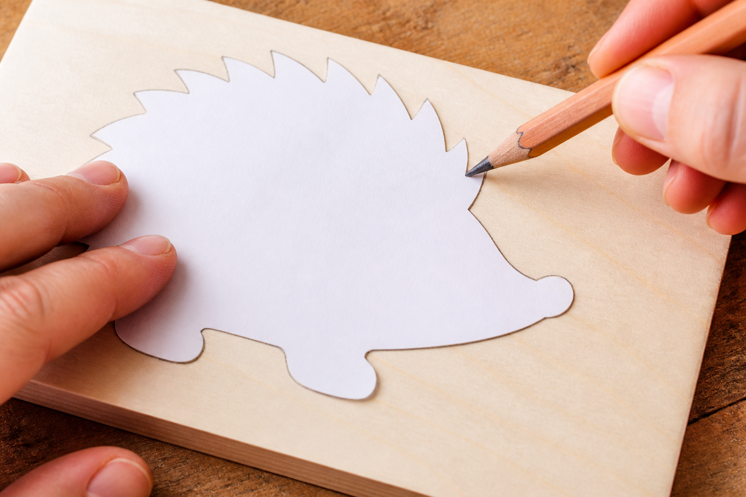 Papiervorlage für ein Tier aus Holz wird mit Bleistift auf Sperrholz abgepaust
