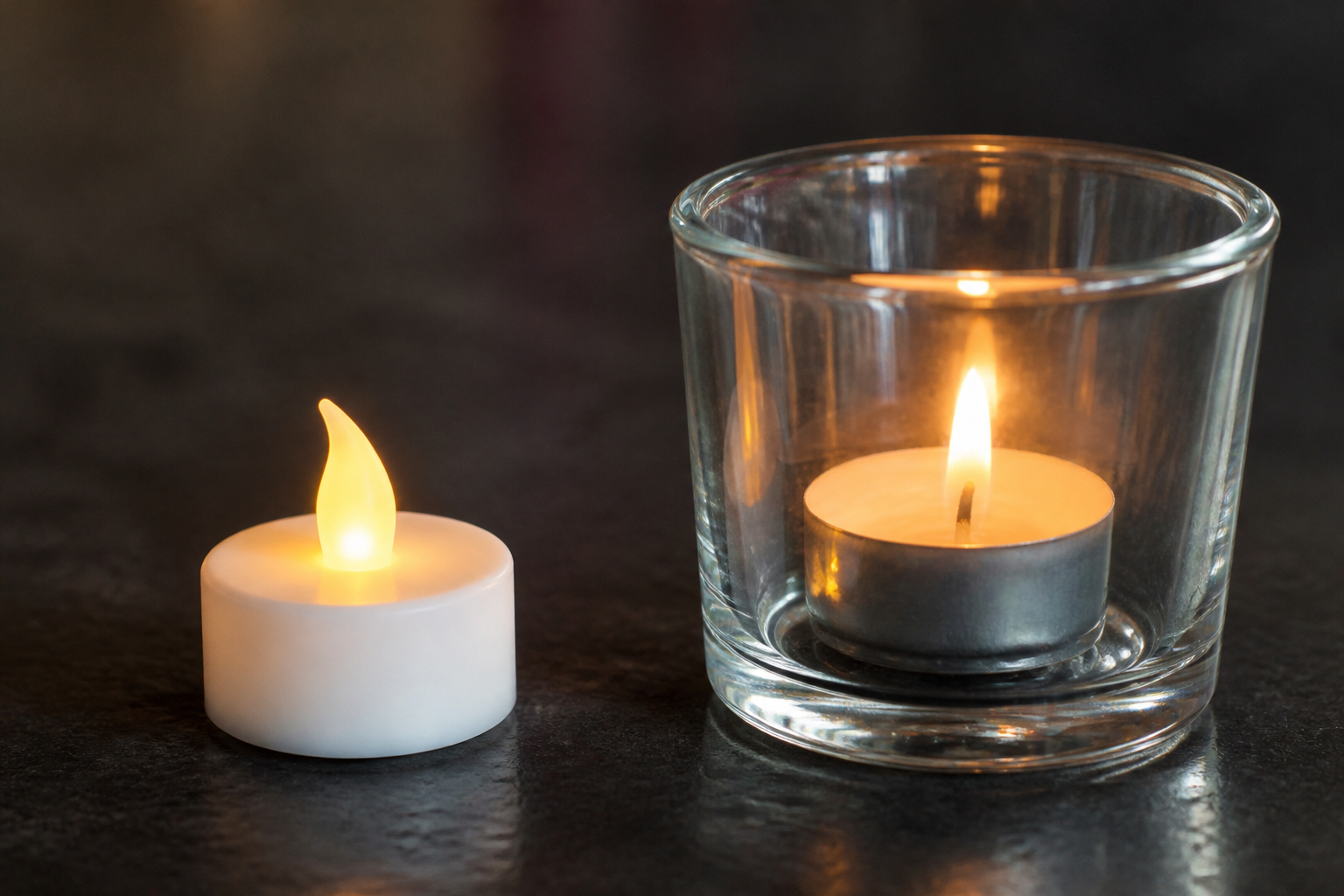 tischlaterne basteln: Vergleich zwischen kabellosem LED-Teelicht und klassischer Kerze im Schutzglas