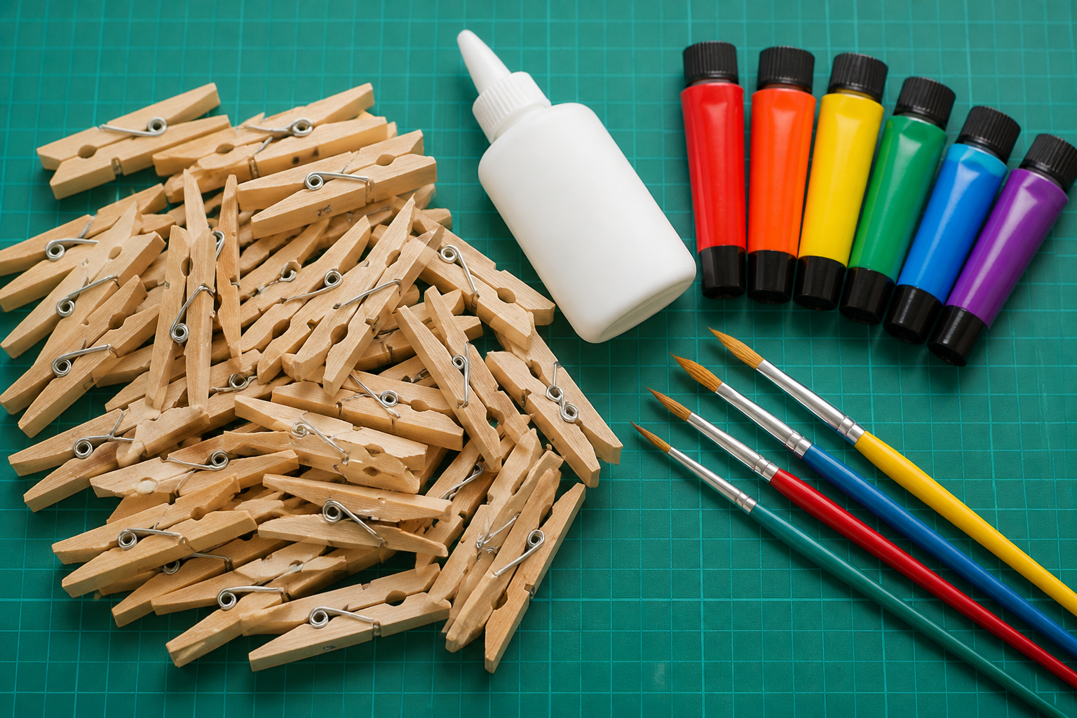 Materialien für das Basteln mit Wäscheklammern wie Naturholzklammern, Leim und Acrylfarben auf einer Bastelmatte
