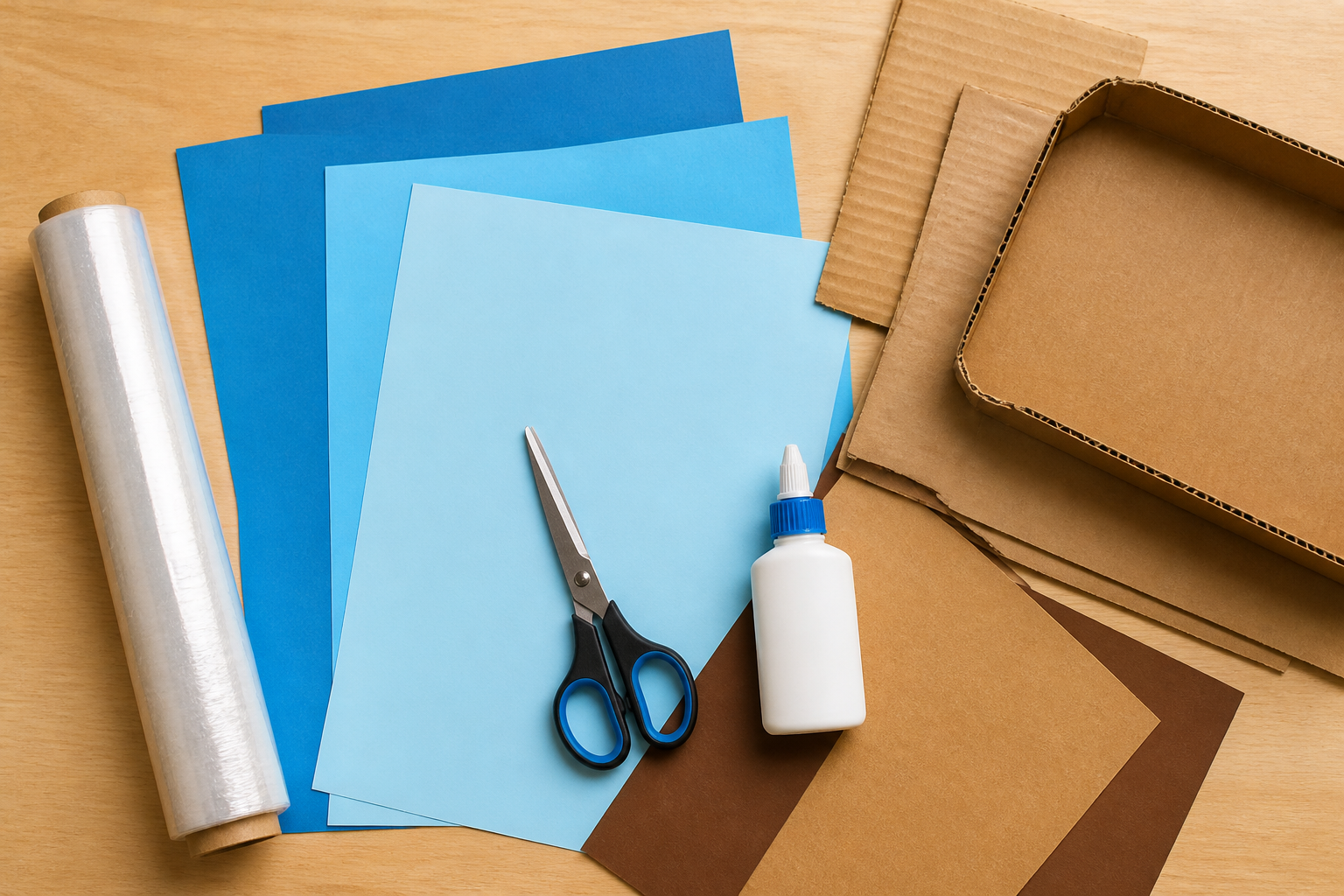 Materialien wie blaues Papier, Frischhaltefolie und Karton zum Wasser basteln