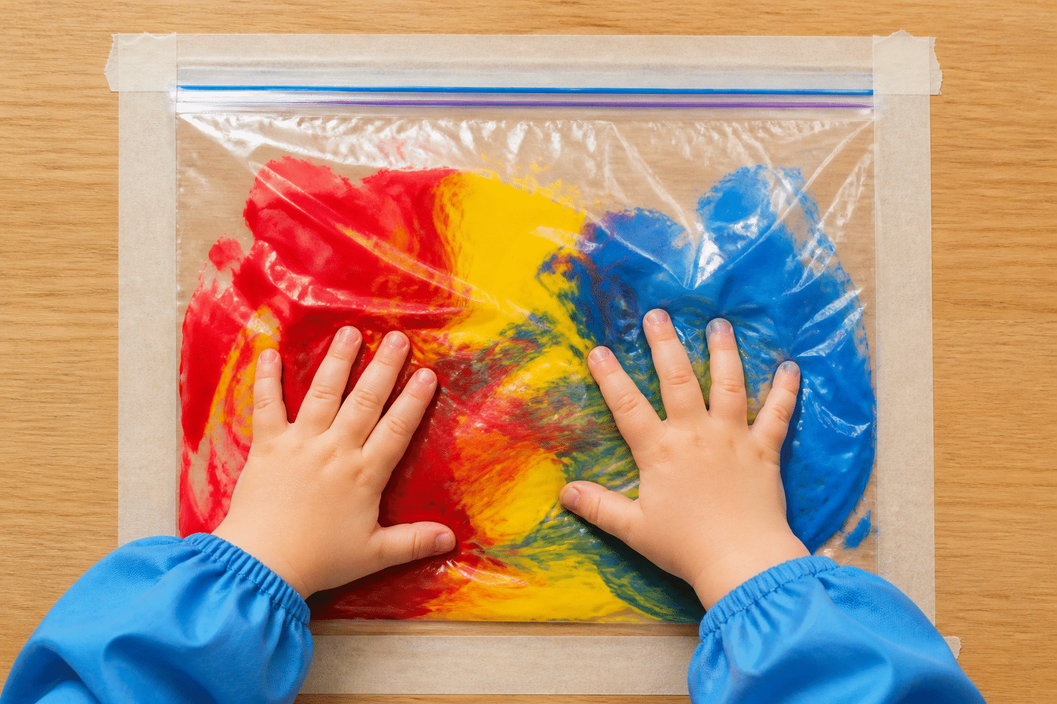 Mess-Free Painting Anleitung: Verschlossener Gefrierbeutel mit Fingerfarben auf Tisch fixiert