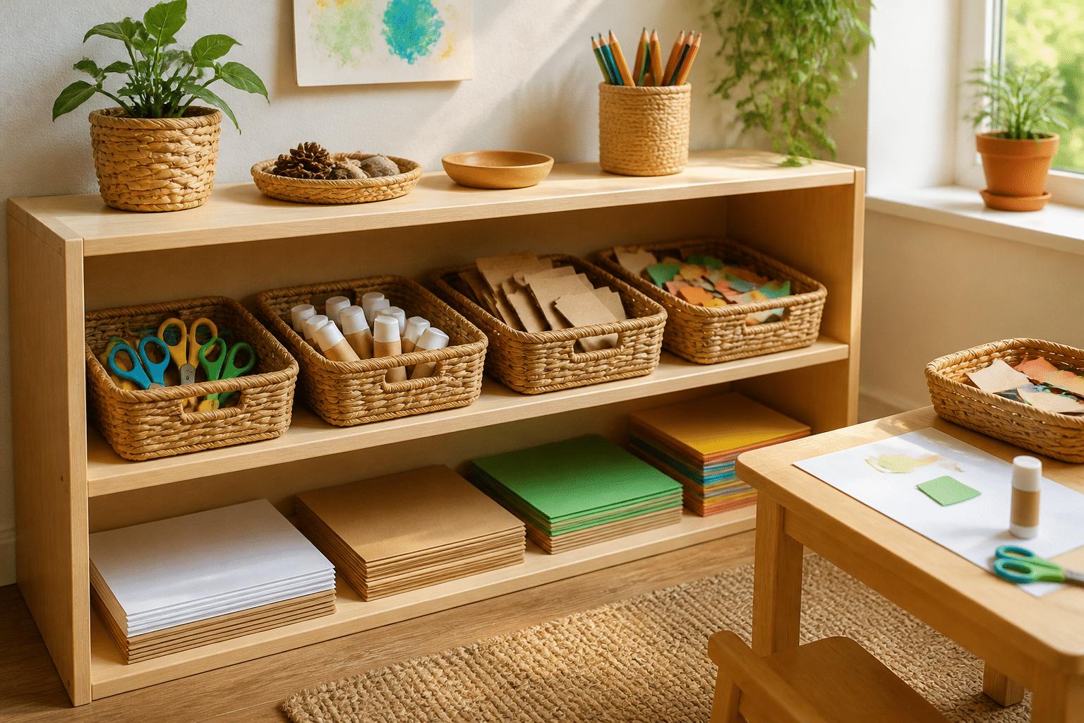 Vorbereitete Montessori-Bastelecke mit kindgerechten Regalen und Materialien